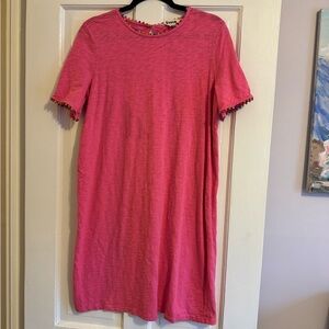 BODEN Pink Short Sleeve T-Shirt Dress Rainbow Pom Pom Trim, Knee Length, 10